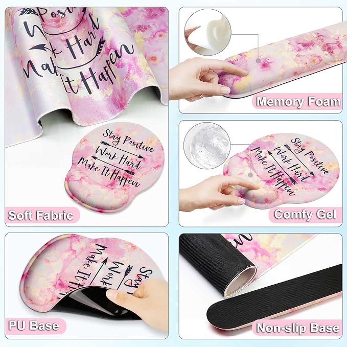 Large Mouse Pad and Keyboard Wrist Rest + Desk Mat Set,Full Long Mouse Pads for Desk Accessories with Memory Foam Gel Pink Mousepad for Women Computer Desktop Office Work-Pink & Black Slogan | Ergonomic,Pain Relief, 4-in-1 Large Big Mousepad Computer M...