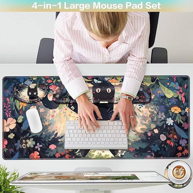 Mouse Pad Anime, Mouse Pad with Wrist Rest, 4-in-1 XXL Large Desk Mat Kawaii Mousepad with Gel Wrist Support Keyboard Wrists Rest Coaster, Ergonomic Gaming Cat Desk Pad, Funny Cute Office Accessories
