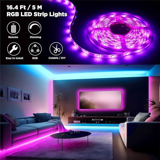 LED Strip Lights, 16.4FT / 5M RGB Light Strip with Remote & Power Supply, PU Coating ETL 12V DC Adapter Color Changing Strip Lights for Bedroom, Kitchen, Monitor, TV, Home Decor
