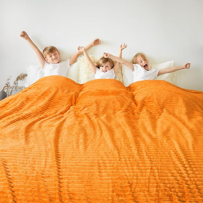 Vessia Flannel Fleece Queen Size Blanket for Bed,Couch,Sofa(90x90inch), 300GSM Microfiber Orange Striped Bed Blanket for Adults, Super Soft Warm Cozy Lightweight Ribbed Decor for All-Season