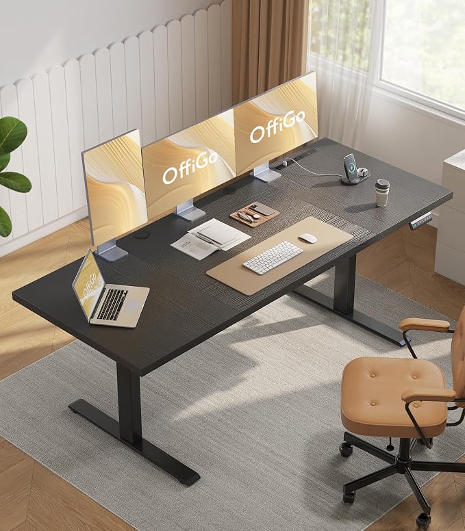 OffiGo 79 Inch Executive Electric Standing Desk Height Adjustable, Black | 1.38" Thick 3-Panel Desktop, Power Outlets, 3 Memory Presets, Dual-Beam Frame for Home Office, Workstation, Conference Room