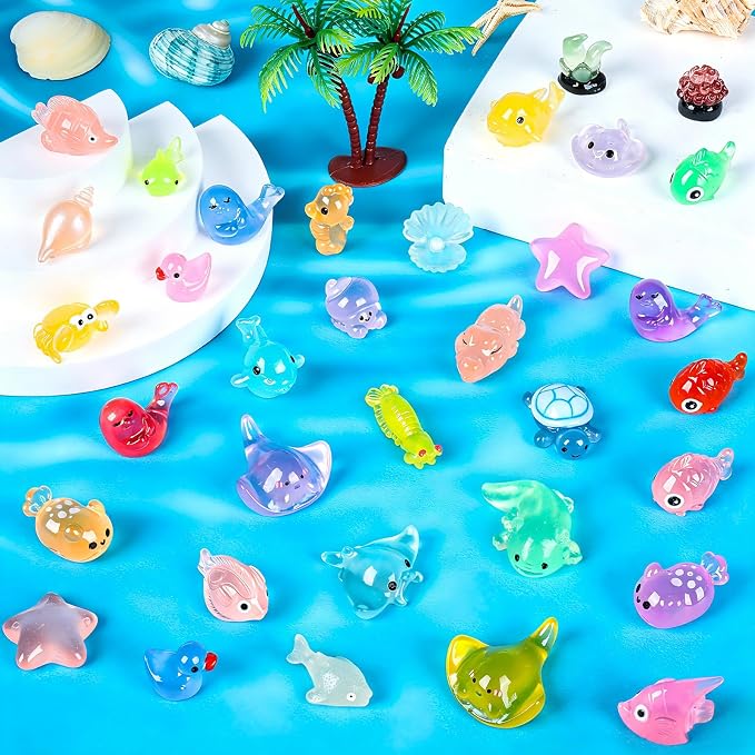 120PCS Luminous Mini Ocean Resin Animals 20 Style Glow in The Dark Tiny Sea Animal Figurines Miniature Plastic Animals Aquarium Decoration for DIY Crafts Fish Tank Potted Fairy Garden Dollhouse