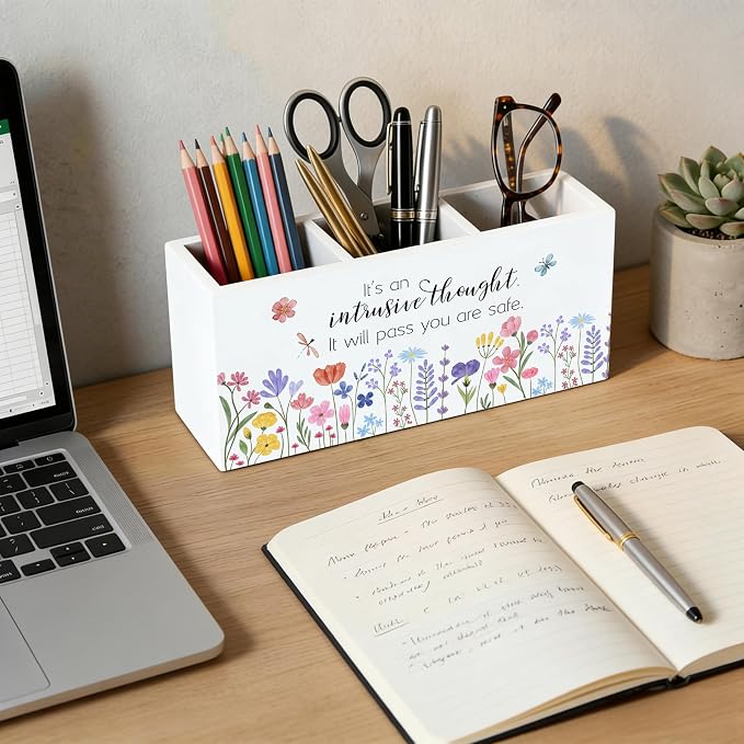 Floral Mental Health Wooden Pen Holder for Desk, Mindfulness Positive Reminder Psychology Wildflower Pencil Organizer Wooden Box Sign for Therapy Counselor Office Girls Room Decoration