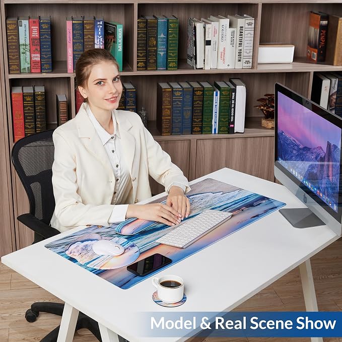 Desk Mat Set + Keyboard and Mouse Pad with Wrist Rest Support,4-in-1 Large Mousepad Computer Mats for Desktop Home & Office-Blue Sunset Beach