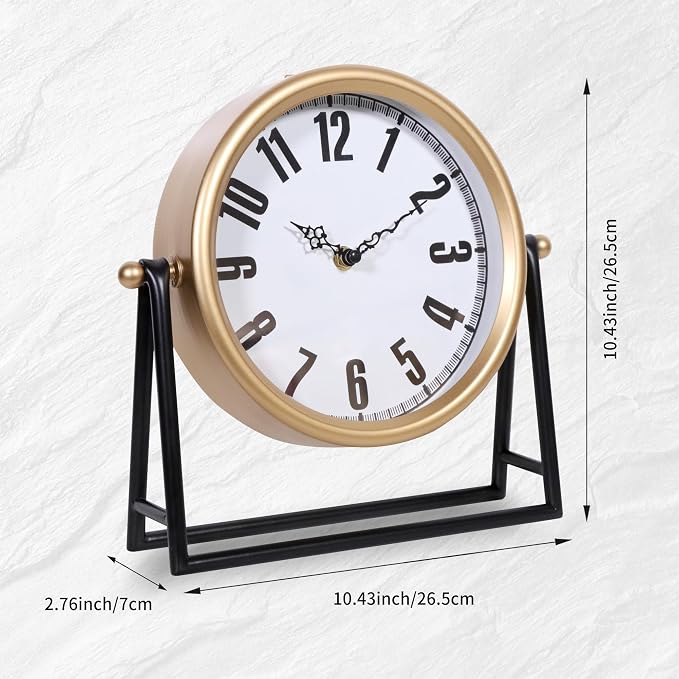 Silent Analog Desk Clock - Vintage Battery Operated Mantel | White Round Wooden, 10.4 Inch, Farmhouse Rustic Decor, Bedroom Living Room Office, No Tick Silent Gift
