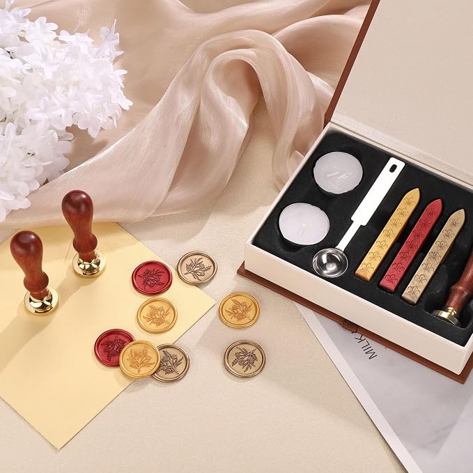 Yoption Wildflower Wax Seal Stamp Kit with Sealing Wax Sticks and Gift Box for Wedding, Party Invitations, Christmas, Envelopes