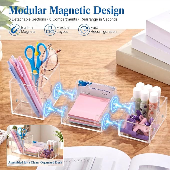 Novabright Magnetic Acrylic Desk Organizer, 3-in-1 Modular Pen Holder, Clear Desktop Stationery Caddy with Sticky Note Tray, 6 Compartments Office & Home Desk Storage Organizer