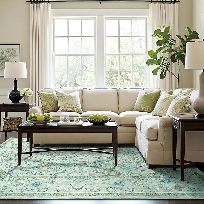 Vasofe 6x9 Area Rug for Living Room, Washable Rugs for Bedroom Room, Dining Room, Vintage Floral Indoor Non Slip Carpet Farmhouse Light Green Throw Carpets Soft Low Pile Mat for Classroom Playroom