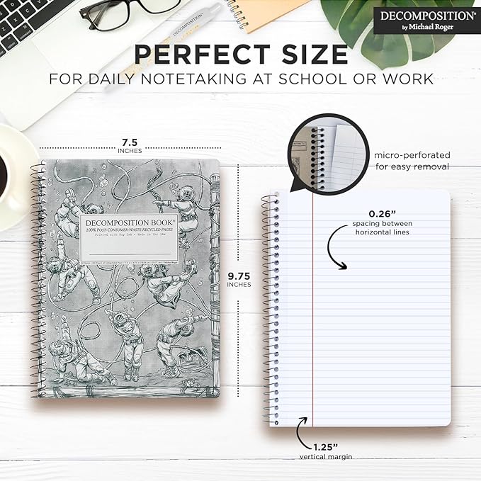 Decomposition Deep Stretch College Ruled Spiral Notebook - 9.75 x 7.5 Journal with 160 Lined Pages - 100% Recycled Paper - Cute Notebooks for School Supplies, Home & Office - Made in USA