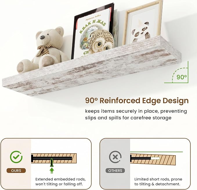 40in Floating Shelves for Wall, 40"W x 9.25"D x 1.25"H, 2 Pack Long Wall Mounted Engineered Wood Shelves with Invisible Brackets for Living Room, Bedroom, Bathroom, Kitchen, Vintage White