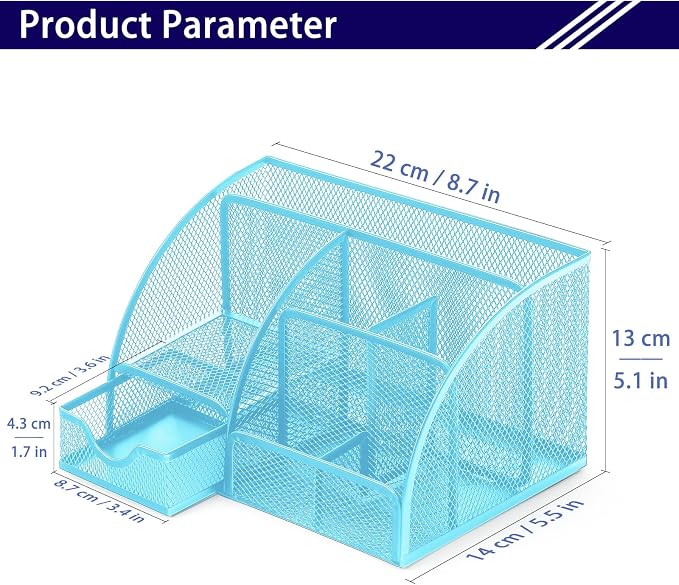 Boutilon Mesh Desk Organizer Desktop Office Supplies Stationary Organizer with 6 Compartments and 1 Drawer Multi-Functional Caddy Pen Holder for Home Office School Desk Decor(Light Blue)