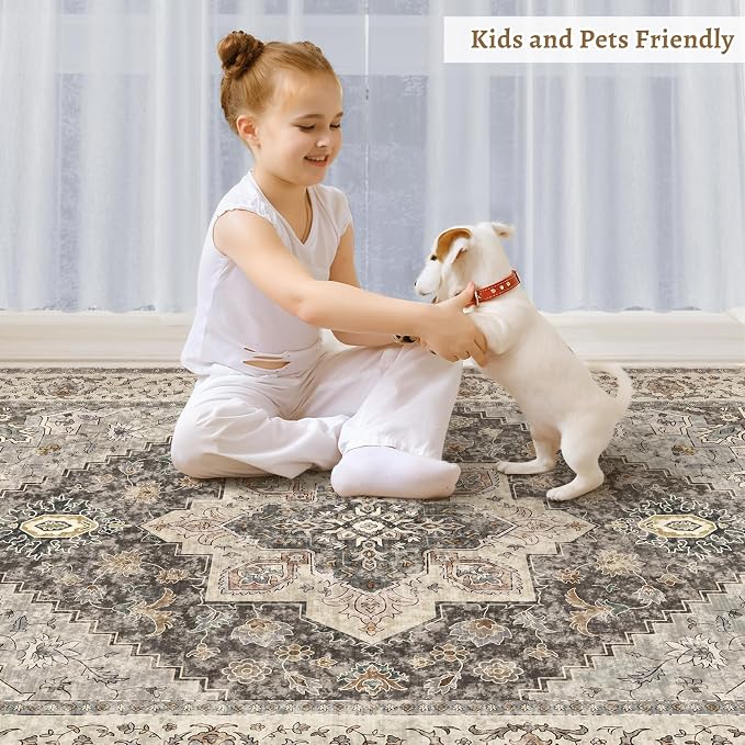 Tangsoo Vintage Round Rug 4ft Washable Circle Rug, Non Slip Small Farmhouse Round Rug, Boho Low Pile Circular Rugs, Round Carpet for Office Bedroom, Entryway, Nursery, Dorm, Kitchen, Grey/Multi