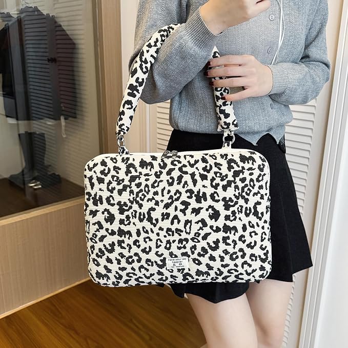 Leopard Print Laptop Case 11, 13,15 Inch Quilted Laptop Sleeve Soft Protective Cheetah Computer Sleeve for MacBook (Beige, with Strap, 13 Inch)