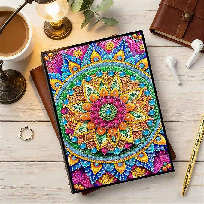 FRANDEK Diamond Art Painting Notebook Kit, Color Mandala A5 DIY Journal with 50 Blank Pages, Crystal Rhinestone Cover with Waterproof Canvas, Beginner Craft Set with Full Tools for Adults