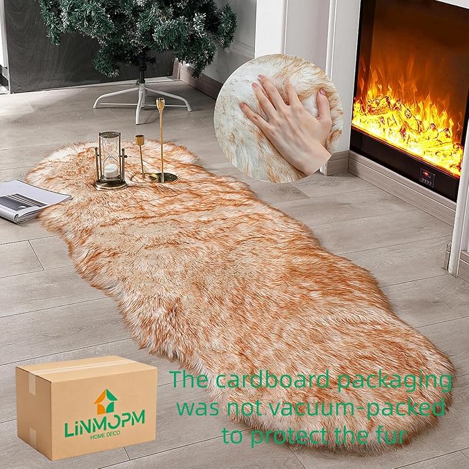 linmopm Faux Fur Sheepskin Rug, 2x6 ft Runner, White and Yellow | Shag Fluffy Fuzzy, High-Density Cushion, For Bedroom Bedside Living Room, Plush Carpet, Sofa Cover