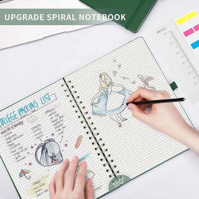 AHGXG Graph Paper Notebook - Spiral Notebook Hardcover Leather Journal 140 Pages, B5 Large Grid Notebook 7.6" x 10", 100 gsm Thick Paper, for School Writing Graphing Engineering Math, Green