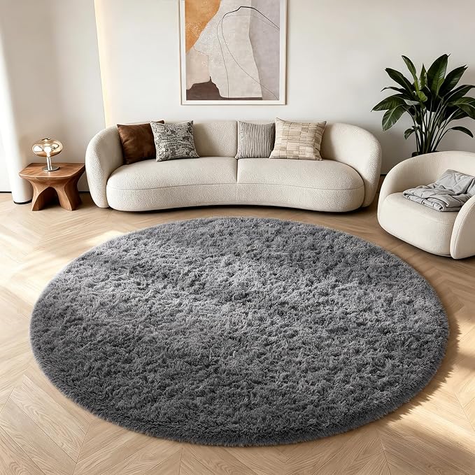 Ophanie Round Rug 6Ft Grey Circle Area Rugs,Fluffy Fuzzy Large Bedroom Carpet 6 Foot,Plush Shag Solid Indoor Floor Gray Living Room Circular Decor for Kids Teen Boys Baby,with Over 99 pcs Pile fibers