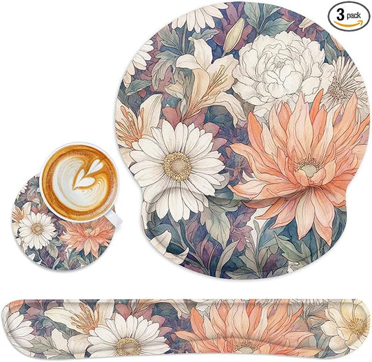 Britimes Floral Vintage Daisy Cottagecore Ergonomic Mouse Pad Set with Wrist Rest Non-Slip Rubber Base Wrist Cushion Support and Coasters Mousepad with Wrist Support for Computer Keyboard and Desk