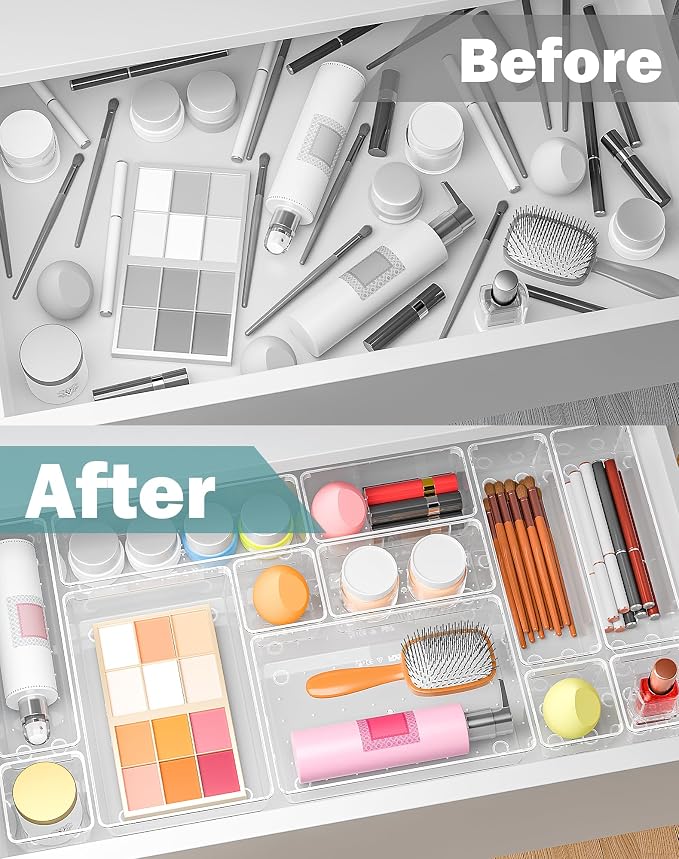 55Pcs Clear Plastic Drawer Organizers Set, 4size makeup drawer organizer trays for vanity,desk,bathroom,office,nightstand,gadgets for kitchen drawer, Versatile drawer divider storage bins