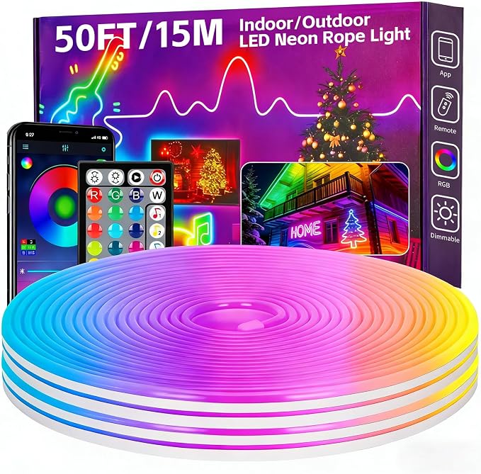 50FT RGB LED Neon Rope Lights, App & Remote Control, Flexible Waterproof IP65 Led Strip Lights, Music Sync Color Changing Multiple Modes Neon Lights for Bedroom Gaming Room Indoor & Outdoor Decor