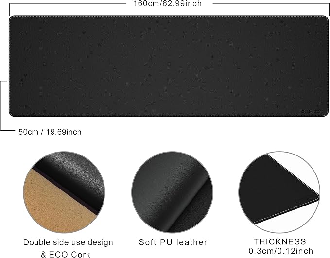 Chihein 63” x 20” Cork & PU Leather Desk Mat (Black) - Huge Mouse Pad, Double Sided Waterproof Desk Pad Protector for Gaming, Office, Home