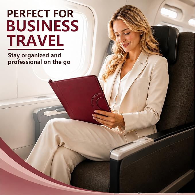 Darolin Vegan Leather Padfolio Portfolio with Handle, Zipper -Redwine | Business Portfolio Organizer for Meetings, Interviews, Travel, Resume, Clipboard Fits A4, Letter Size, Padfolio for Men Women