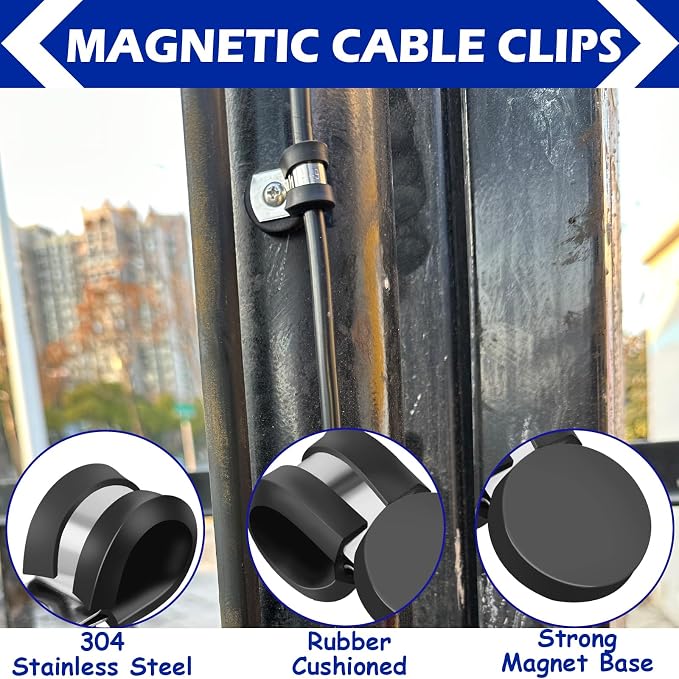 Strong Magnetic Cable Clips, 5/8 Inch Stainless Steel Cable Clamps, 8 Pack Rubber Cushioned Insulated Clamps, Automotive Wire Clamp, Magnetic Pipe Clips for Pipe Wire Cord Tube Installation