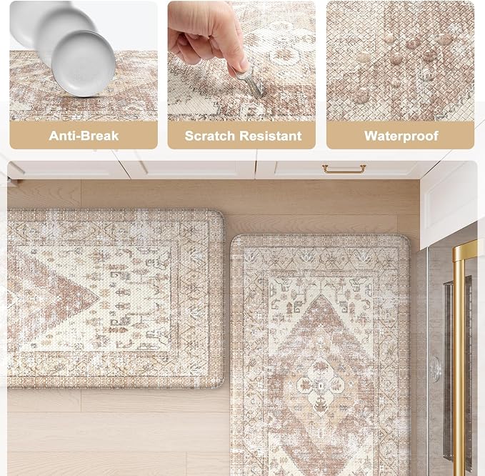 KIMODE Kitchen Mats Cushioned Anti Fatigue, 20"x39" Farmhouse Kitchen Rug, Non Slip Kitchen Mats for Floor, Padded Kitchen Floor Mats, Standing Desk Mat for Sink, Laundry, Desk Khaki