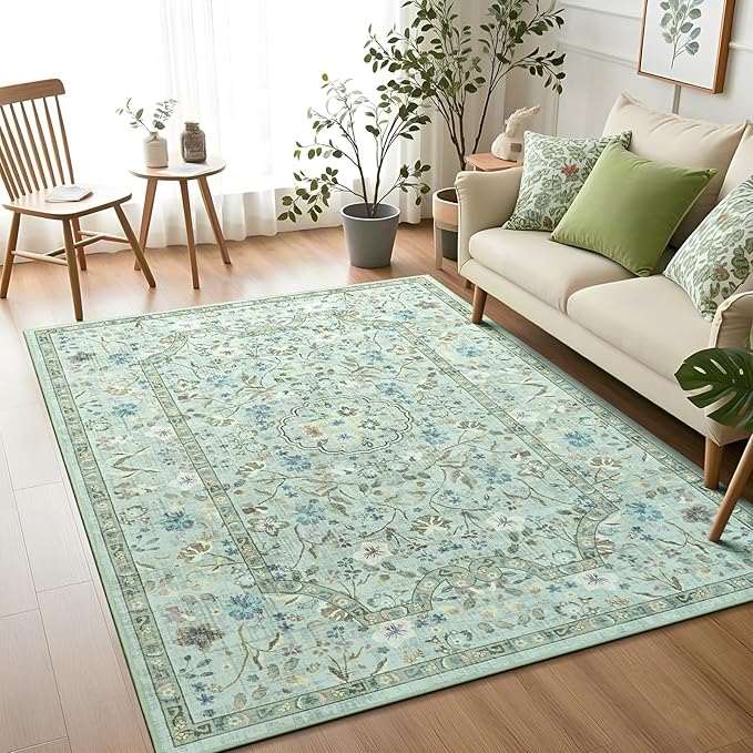 Vasofe 4x6 Area Rug for Bedroom, Washable Rugs for Living Room, Laundry, Kitchen, Vintage Floral Indoor Non Slip Carpet Farmhouse Light Green Throw Carpets Soft Low Pile Mat for Dorm Bedside Office