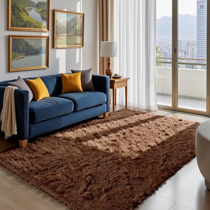 Fluffy Rug Shag Area Rug, Brown 4x6 Area Rugs for Bedroom, Small Bedside Rug, Soft Fluffy Shag Entryway Throw Rugs for Living Room Bedroom Room Home Decor
