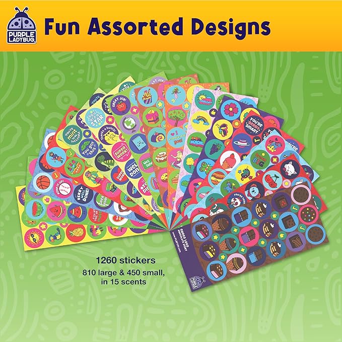 Purple Ladybug 1260 Variety Scratch and Sniff Stickers - Classroom Decor with 15 Unique Scents - Fun and Motivational Rewards for Kids and Teachers Must Haves, Smelly Sticker Back to School Gift