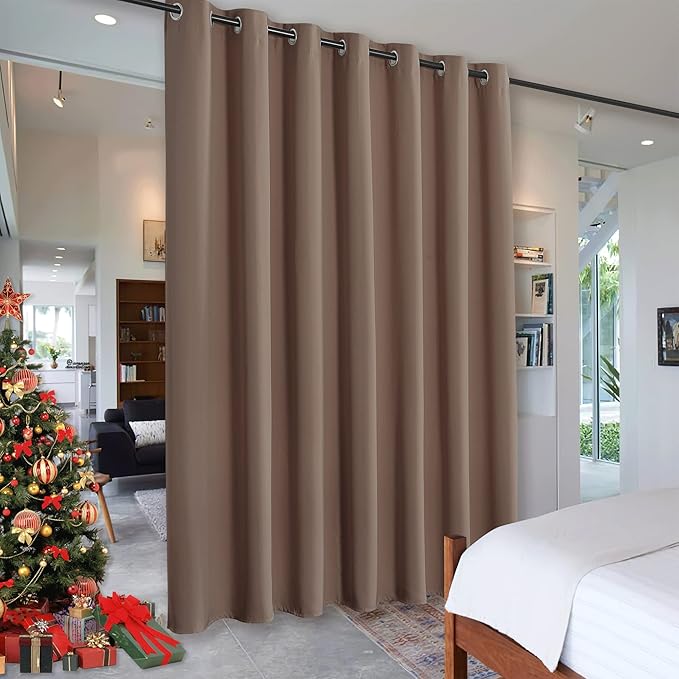 RYB HOME Privacy Curtain for Sliding Glass Door, Light Block Noise Reduce Insulated Curtain Screen Ceiling to Floor for Locker Room Basement Bedroom Closet, 100 inch Wide x 96 inch Long, Cappuccino