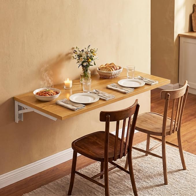 Need Wall Mounted Desk - Heavy Duty Folding Work Table Length 36" Width 20"/Small Space Hanging Desk Perfect Addition to Home/Office/Kitchen & Dining Room Teak&White AC15-9050TW-ND