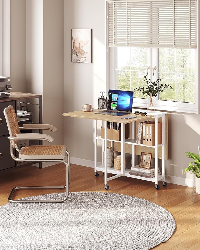 CHOEZON Folding Dining Table, Movable Dining Table, Kitchen Table for Small Space, Foldable and Expandable Desk Furniture with 6 Wheels, for Dining, Living Room, Apartment, White and Natural TCZ01WN