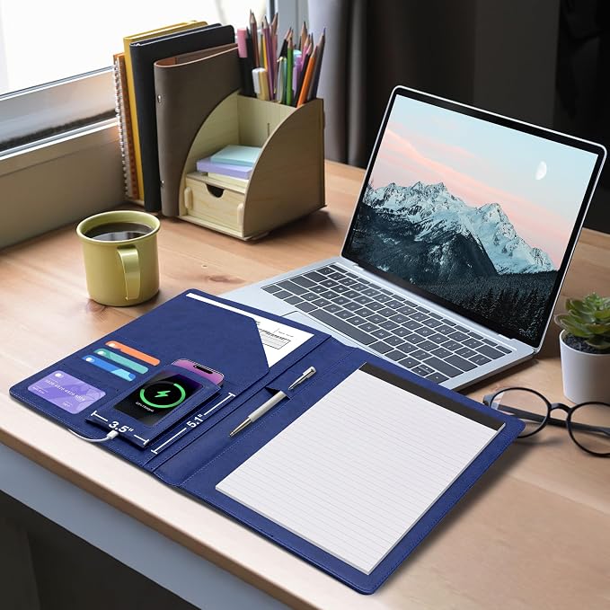 Ospelelf Blue Faux Leather Padfolio with Clipboard, Interview Clipfolio Portfolio with Notepad 8.5 x 11, Business Resume Clipboard Folder Organizer with Pockets for Men