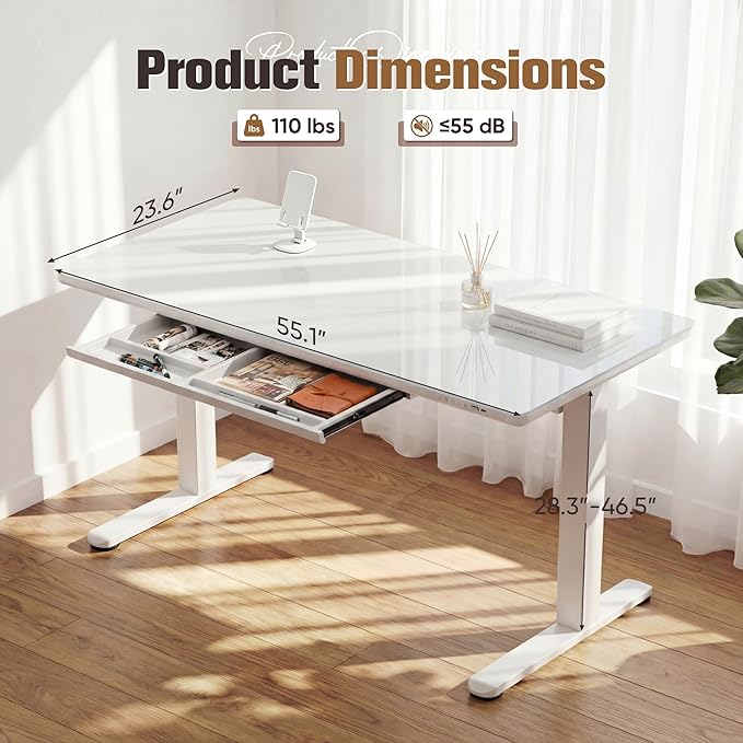 YESHOMY Electric Standing Desk with Tempered Glass Top, 55.1" Height Adjustable Desk with Partitioned Drawer & USB/Type-C Ports, Sit Stand Desk for Home Office, White