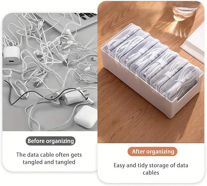 11 Grid Clear Cable Organizer Box with Switch for Desktop Cord Storage | Office desktop use, home wire sorting, stationery storage, detachable dividers, tidy cable arrangement