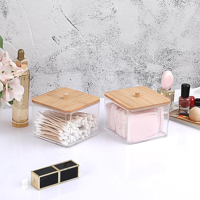 BTSKY 2 Pack Clear Stackable Paper Clip Holder with Bamboo Lid Paperclip Box Thick Acrylic Office Supply Accessory Organizer Square Small Storage Holder Cute Qtip Holder for Office Bathroom Vanity