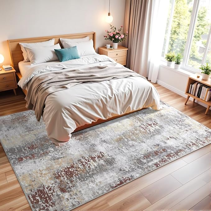 Macgace Washable Abstract Rug, 5x7 Modern Area Rugs with Non-Slip Rubber Backed for Living Room, Thin but Soft Contemporary Carpet Kitchen Bedroom Dining Room Decor, Rusty Brown