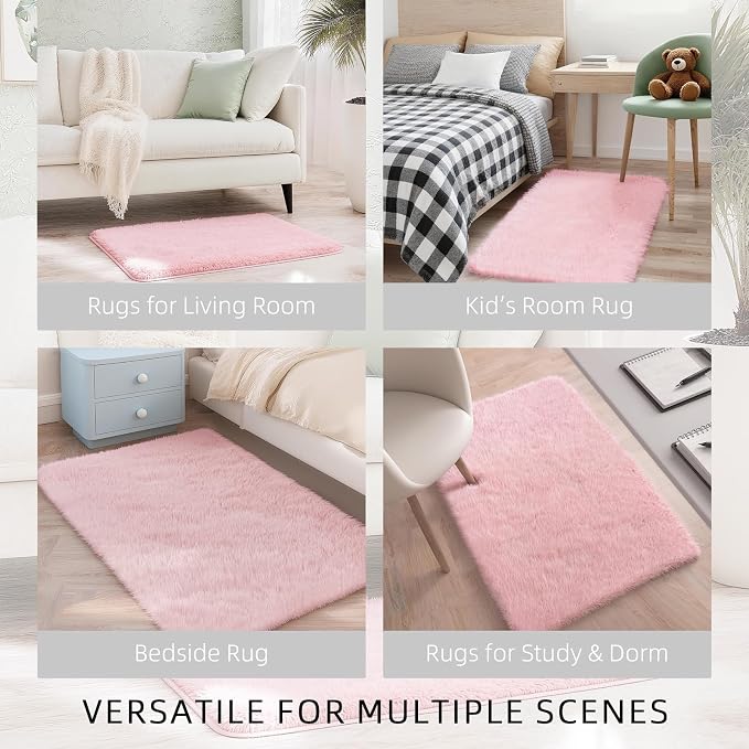 Shag Pink Small Rug 2x3 Area Rugs for Bedroom Dorm Bedside Living Room, Non-Slip Ultra Fluffy Soft Area Rugs for Entry, Kids Room, Study, Office, Playroom, Modern Small Carpet Décor