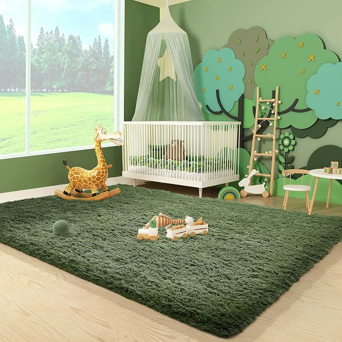 Ophanie Gray Green Grass Area Rugs for Bedroom, 3x5 Shag Fluffy Carpet, Fuzzy Furry Plush Soft Cute Kids Baby Girls Shaggy Bedside Floor Rug for Teen Dorm Nursery Home Decor Aesthetic