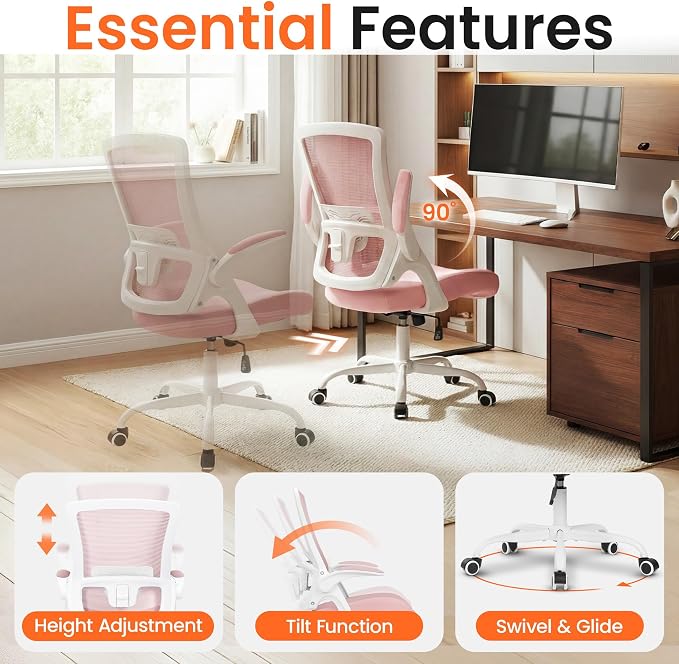 NEO CHAIR Office Chair High Back Desk Mesh Chair Comfy Computer Gaming Seat with Adjustable Ergonomic Lumbar Rolling Flip-up Armrests and Wheels (Pink)