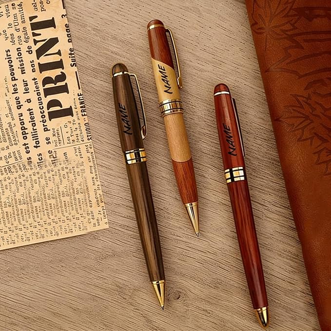 ZFN Custom Wooden Ballpoint Pen Set—personalized engraving names text logos for men mentors friends lawyers doctors teachers students (Beech wood color)