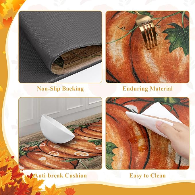 SHACOS Fall Anti Fatigue Kitchen Mats Orange Pumpkins, 17x27.5+17x47 | Wood Board Autumn Harvest Cushioned Kitchen Rugs Set of 2 Non Slip Kitchen Floor Mat Ergonomic Standing Mats