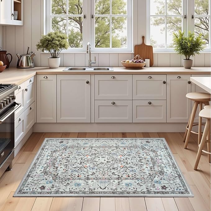 Vasofe 2x3 Area Rug for Bedroom, Small Rugs for Entryway, Kitchen, Bathroom, Non-Slip Washable Carpet Soft Low Pile Vintage Floral Grey Mat Front Door Mats for Indoor Entrance