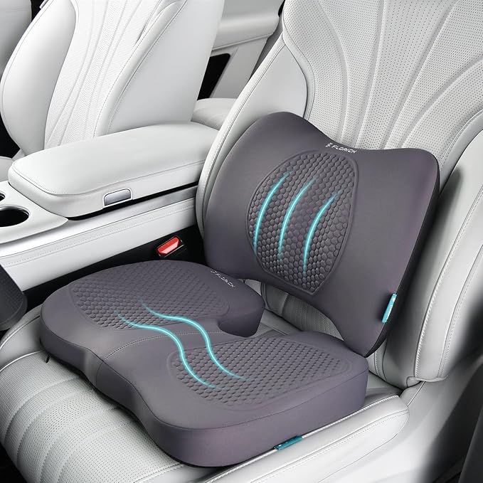 FLORICH Car Seat Cushion and Back Support for Office Chair Memory Foam Chair Cushions Pressure Relief Seat Pads with Gel Massage Point Lumbar Support (Light Grey)