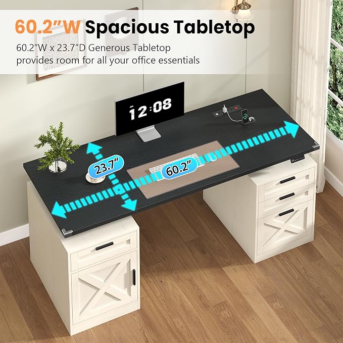 YOMILUVE 60" Farmhouse Electric Standing Desk with Drawers for Home Office | Height Adjustable Computer Desk with 4 Drawers & Storage Shelves, Wood Sit Stand Desk with Power Outlets for Work, Study