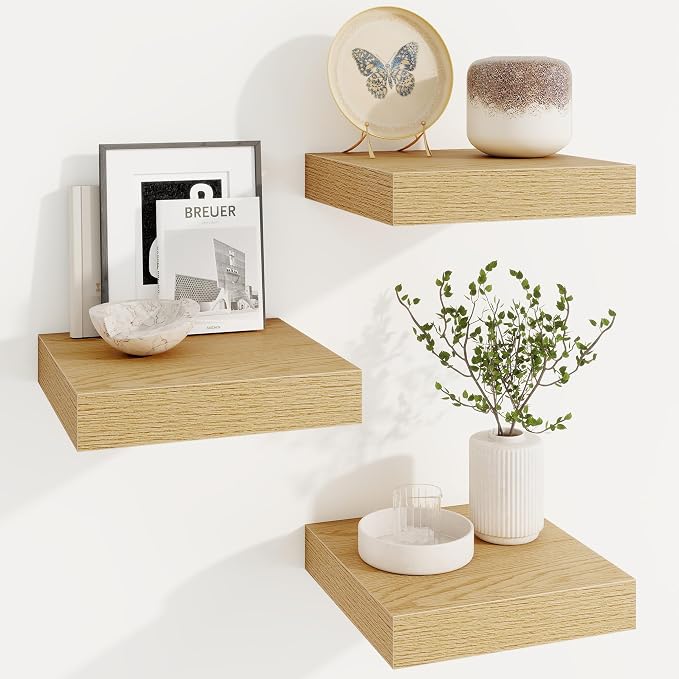Marsmiles Square Floating Shelves for Wall, 10" W x 10" D x 1.25" H, 3 Packs Small Wall Mounted Engineered Wood Shelves with Invisible Brackets for Living Room, Bedroom, Bathroom, Kitchen Decor, Oak