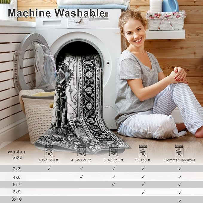 Macgace 3x5 Black Grey Area Rug for Living Room, Machine Washable Rugs with Non-Slip Backing for Bedroom, Vintage Medallion Carpet Kitchen Laundry Kids Room Decor