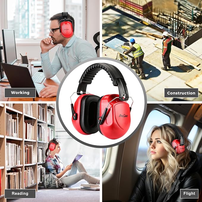 ProCase NRR 28dB Noise Reduction Ear Muffs, Foldable Adjustable Passive Noise Cancelling Headphones for Adults Kids Autism, Hearing Protection for Shooting, Construction, Mowing -Pure Red